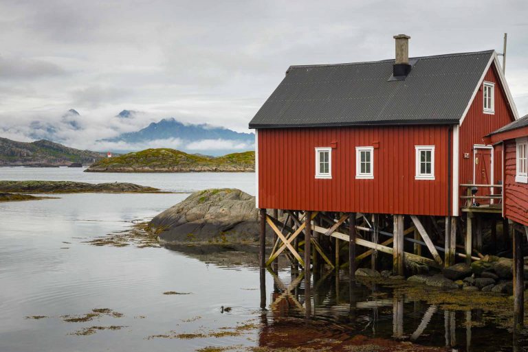 Rorbuer, a fishing hut, in Svolver on Lofoten, Norway.